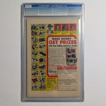 Comic book page with advertisement for American Seed Company, framed by a CGC holder.
