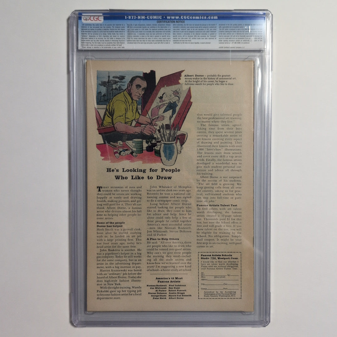 Comic book page with a man drawing, framed in a protective case.